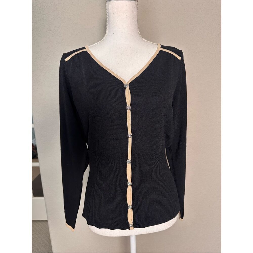 Emma James Diamond Button Blouse Black Cream Trim Large